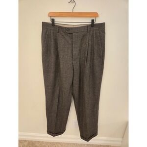 Zanella Neiman Marcus Mens Wool Pleated Cuffed Dress Pants Brown Check Italy